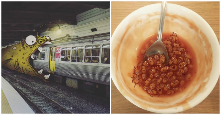 Umelec pridáva príšerky do každodenného života aby bol zábavnejší