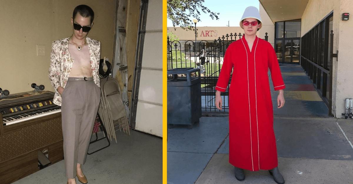 Muž ukazuje zábavné outfity, ktoré môžeš kúpiť v sekáčoch do 20 dolárov