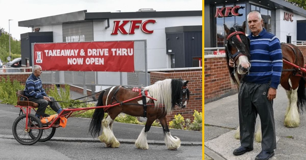 Muž prišiel do prevádzky KFC drive-thru na koni s vozom. Nechápe, prečo ho odtiaľ vyhodili