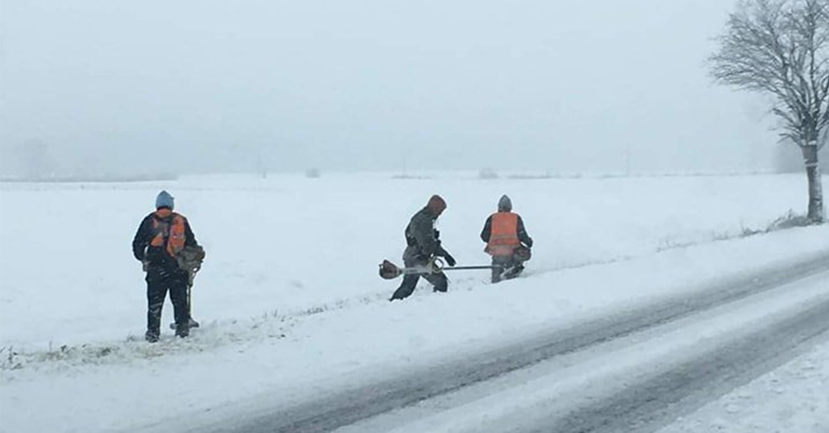 Poľskí cestári kosili trávu pod značnou vrstvou snehu