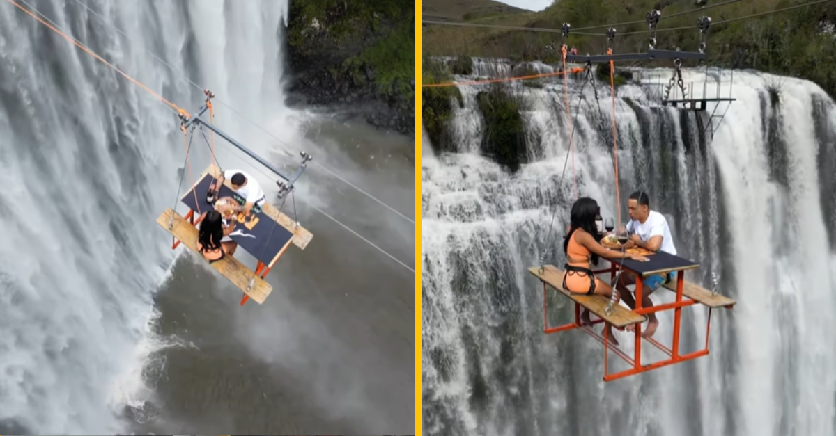 Odvážny pár si dal romantickú večeru vo výške 90 metrov nad zemou. Hneď vedľa nich bol vodopád