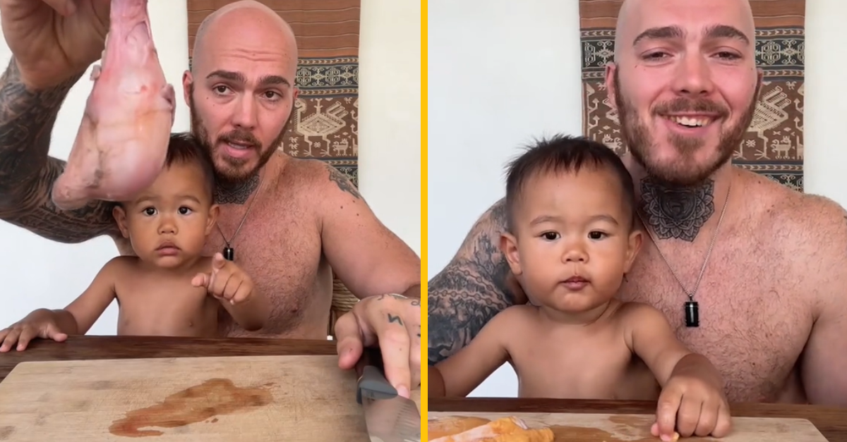 Otecko kŕmi svojho syna surovými semenníkmi. Tvrdí, že je to jedno z jeho obľúbených jedál