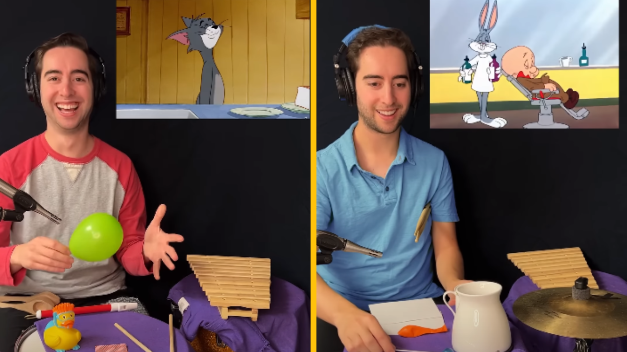 Muž paroduje zvuky do klasických kreslených rozprávok – používa len pomôcky z domu