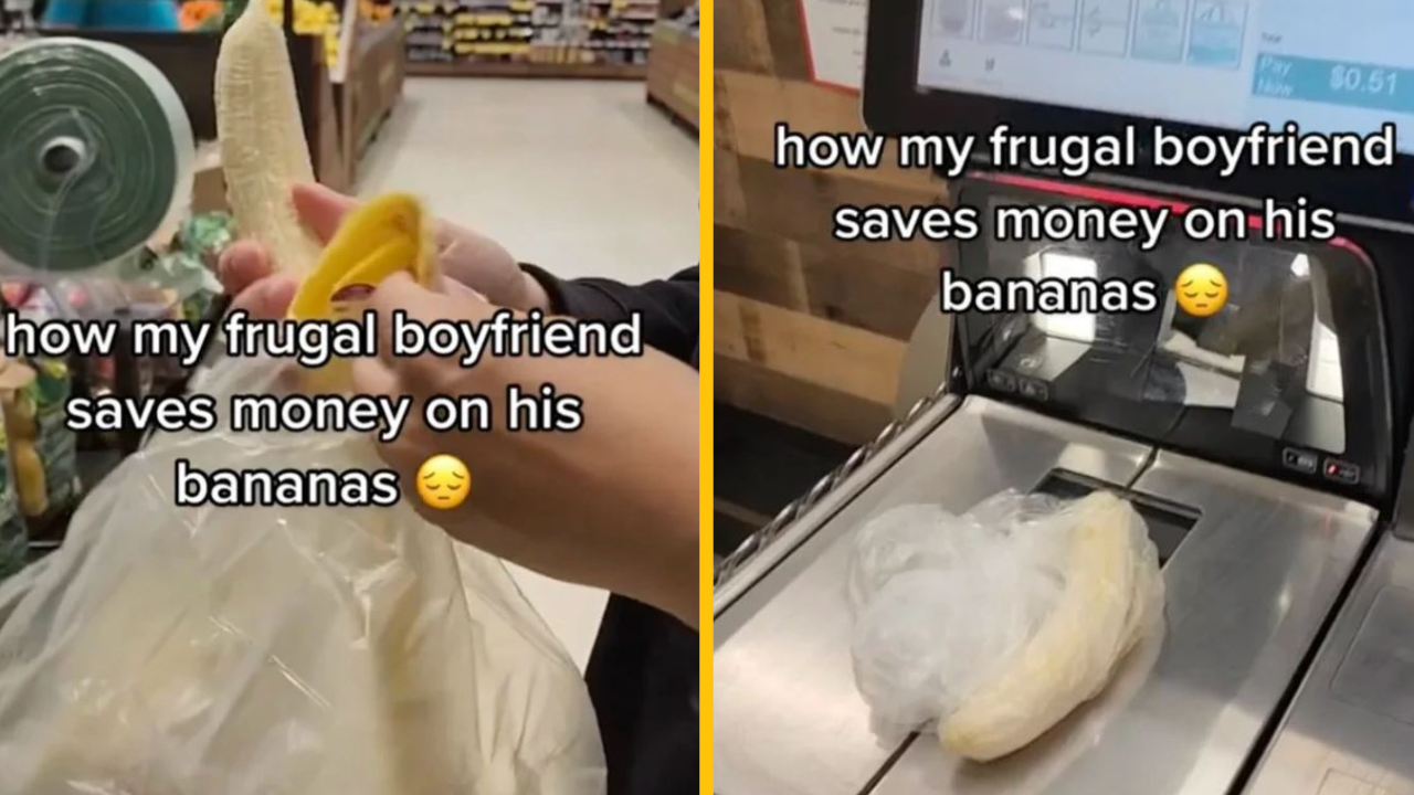 Tento muž šúpe banány pred ich vážením, aby ušetril peniaze