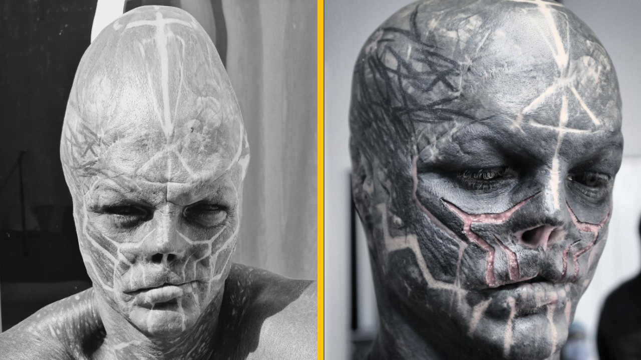 „Čierny mimozemšťan“, ako prezývajú potetovaného muža, ukazuje, ako vyzeral pred dvoma rokmi