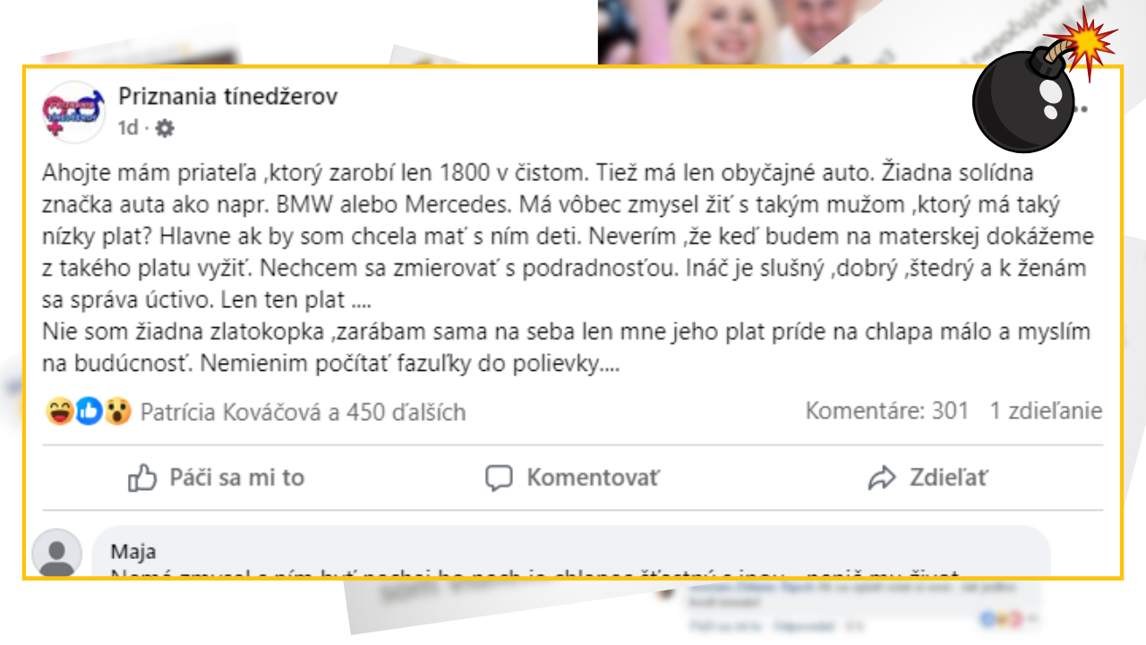 Bomby zo sociálnych sietí #1090 – jej priateľ zarába 1.800 EUR v čistom, no jej sa to zdá strašne málo, keď chcú rodinu
