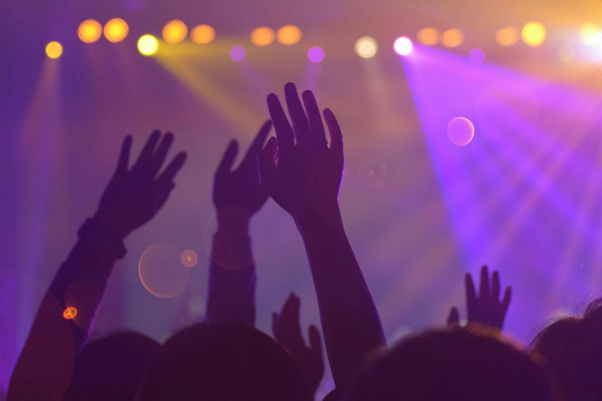 Silhouettes of a lively audience with raised hands at an energetic nightclub event.