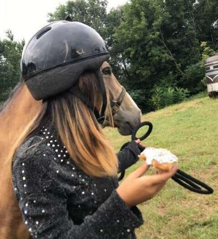 Osoba s hlavou koňa držiaca koláč, v pozadí zelený trávnik a stromy.
