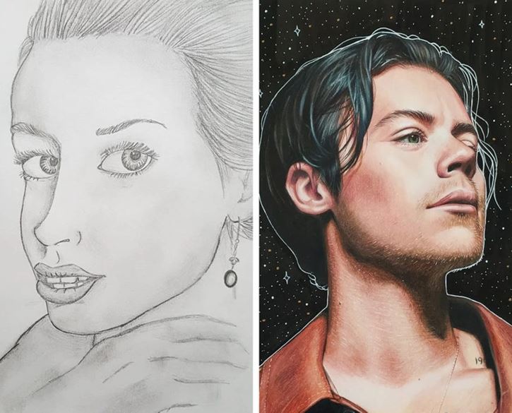 Dva umelecké portréty: ľavý ceruzkový skic ženy, pravý farebný portrét muža na hviezdnom pozadí.