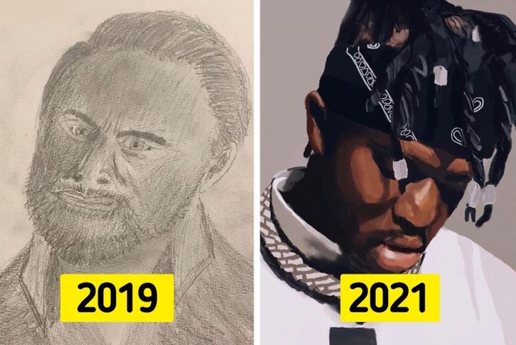 Porovnanie kresieb z rokov 2019 a 2021 ukazujúce pokrok v umeleckých schopnostiach.