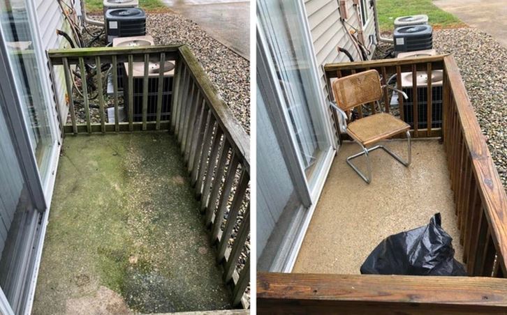 Pred a po: Vyčistený balkón s novým nábytkom. Vľavo zanedbaný, vpravo upravený a zariadený.