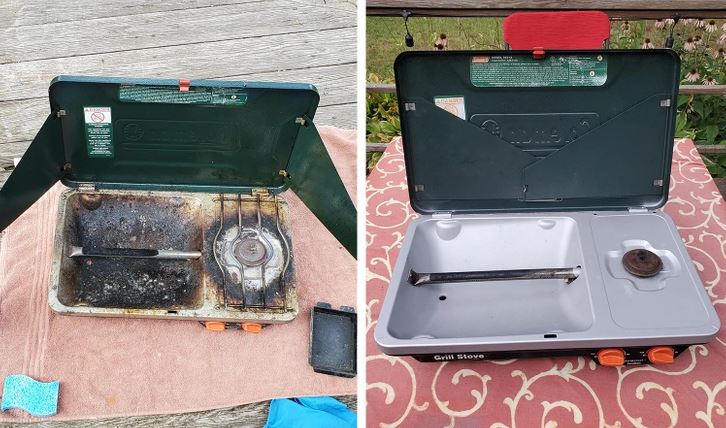 Kompaktný prenosný varič predčistením a po dôkladnom vyčistení na dekoračnom obruse vonku.