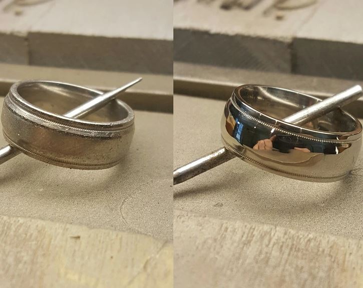Starožitný prsteň pred a po renovácii; výrazné zlepšenie lesku a kvality povrchu.