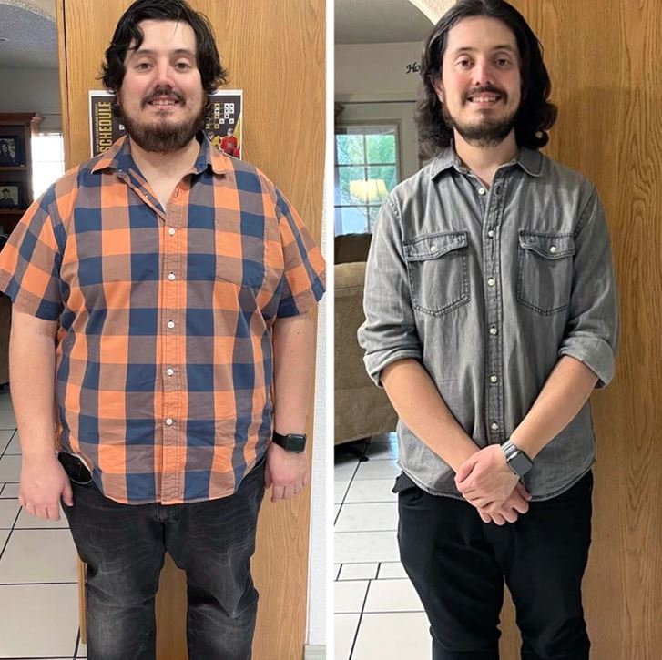 Osoba pred a po zmene: zlepšenie postavy a štýlu oblečenia v interiéri.