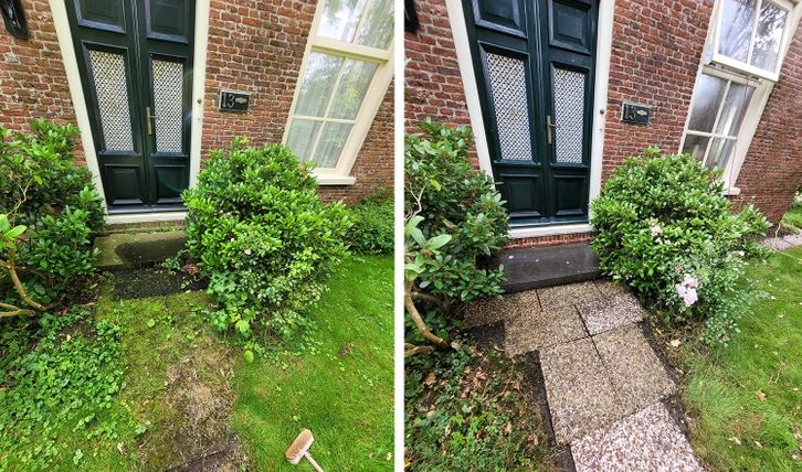 Pred a po úprave záhrady pred domom; nová dlažba a zastrihnuté kríky zlepšujú estetiku vchodu.
