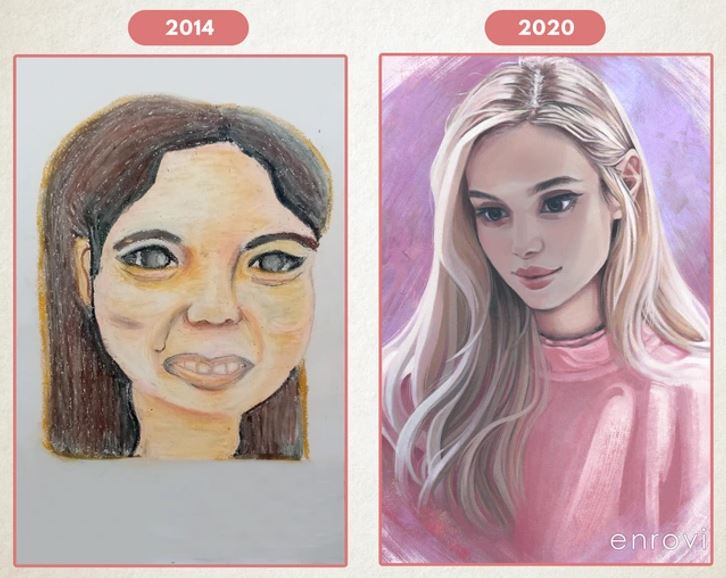 Porovnanie portrétov ženy: kresba z roku 2014 vs. realistický portrét z roku 2020. Vývoj umeleckých zručností.