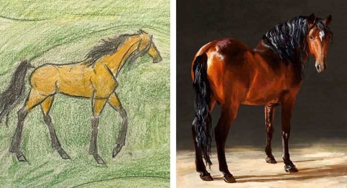 Kresba koňa v detskom štýle vedľa realistického obrazu koňa, hnedý s tmavou hrivou.