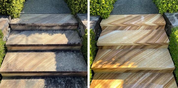 Pred a po čistení záhradných schodov: výrazné zlepšenie vzhľadu a farby povrchu.