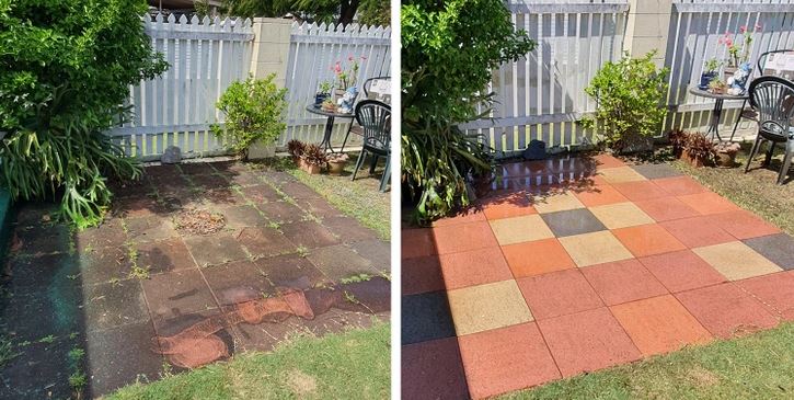 Pred a po renovácii záhradnej terasy s novými farebnými dlaždicami.