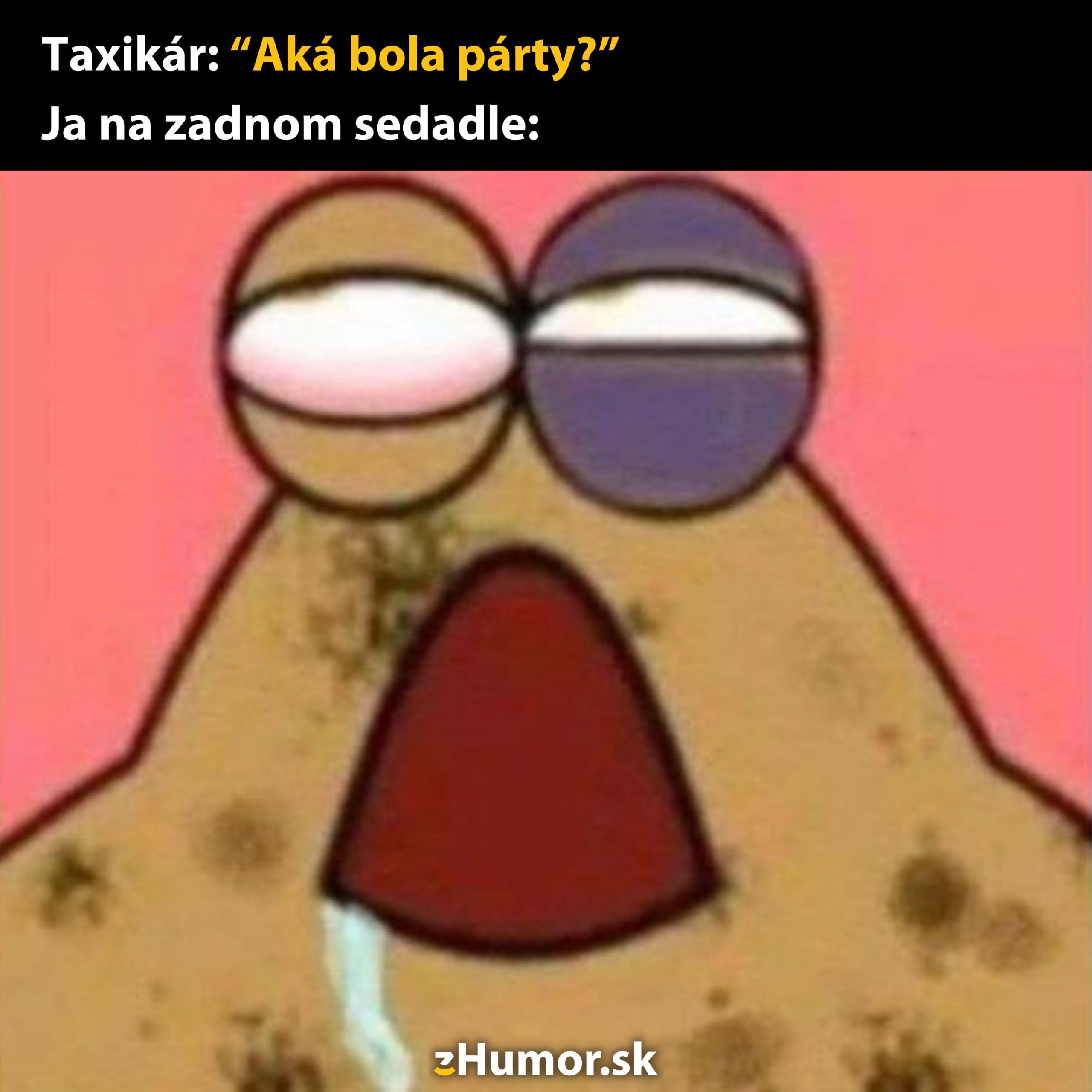 Humorný obrázok zobrazujúci unavenú kreslenú postavičku po večierku, s textom o taxikárovi.