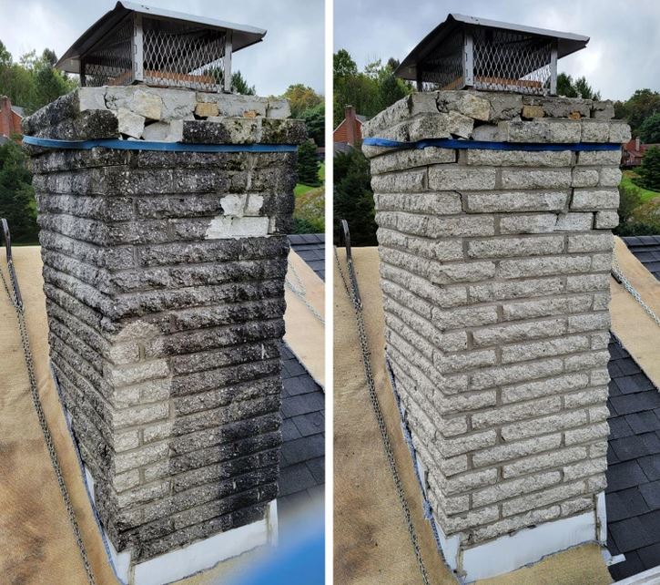 Oprava komína pred a po: poškodené murivo vľavo, obnovené a vyčistené murivo vpravo.