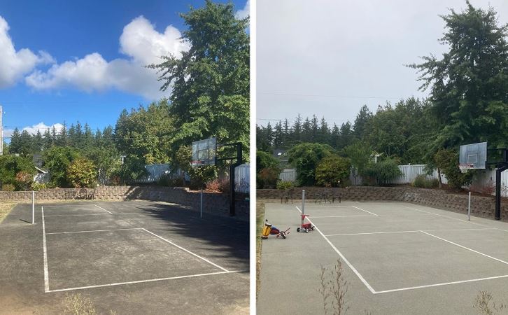 Pred a po úprave basketbalového ihriska, kontrast medzi starým a obnoveným povrchom v zalesnenom prostredí.