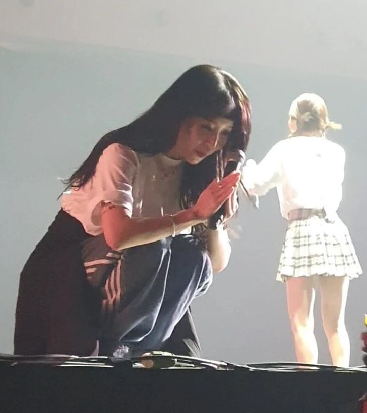 Oslovujúca žena s mikrofónom na koncerte, v pozadí osoba v sukni a košeli.