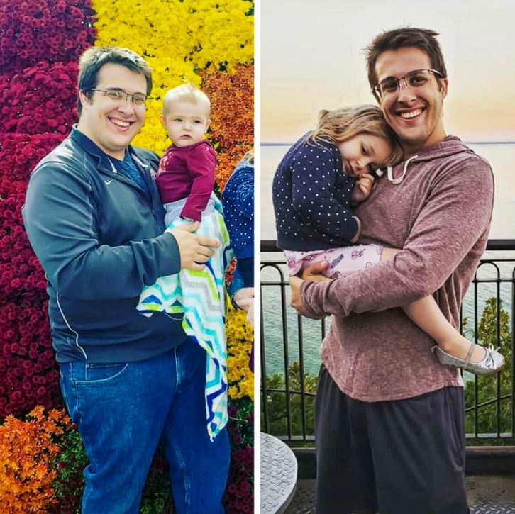 Otec drží dieťa pred kvetinovou stenou a neskôr s dcérou na promenáde pri mori, symbol zdravého životného štýlu.