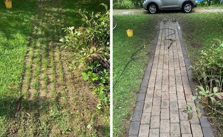 Pred a po: Premena trávnatej cesty na upravený chodník z tehál vedľa záhrady.