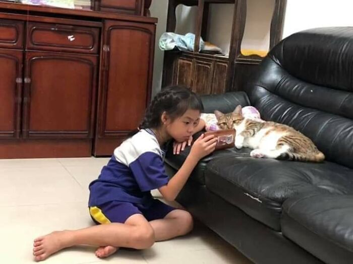 Dievča so smartfónom leží na zemi pri sedačke, kde oddychuje mačka.