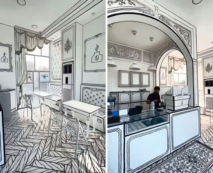 Unikátna kaviareň s interiérom ilustrovaným ako 2D kresba, s výraznými čiernymi líniami na bielom pozadí.