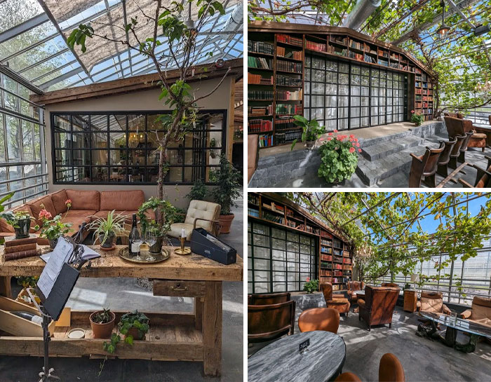 Skleník s pohodlným sedením, rastlinami a knižnicou pod presklenou strechou. Harmonický priestor na relaxáciu.