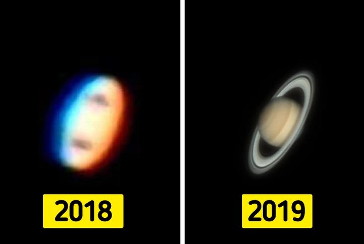 Porovnanie fotografie Saturnu: rozmazaný obraz z roku 2018 a jasný a detailný obraz z roku 2019.