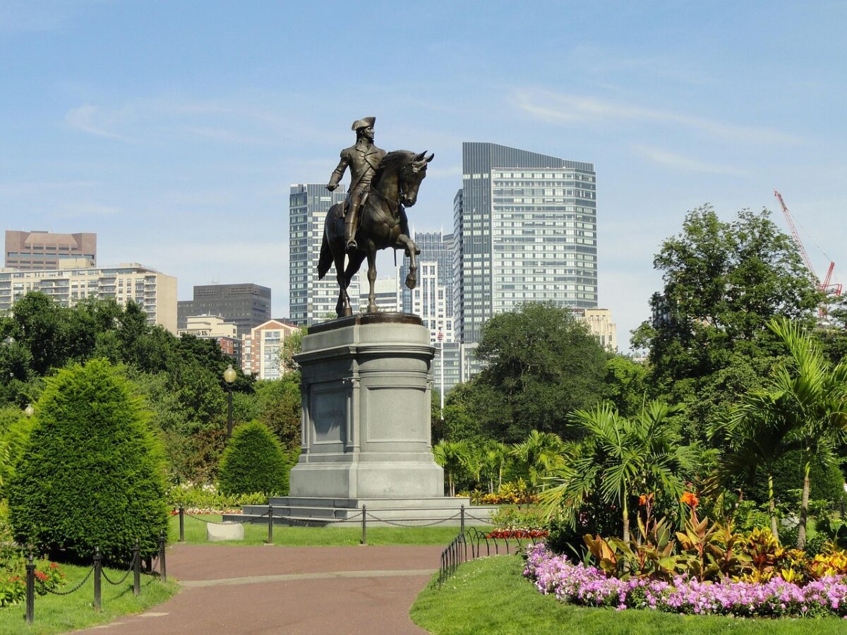 boston, massachusetts, city, cities, nature, statue, paul revere, park, commons, destinations, urban, grass, trees, spring, summer, buildings