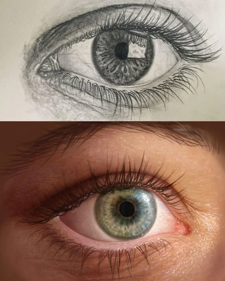 Porovnanie kresleného a reálneho oka s detailom žiarivo modrej dúhovky.