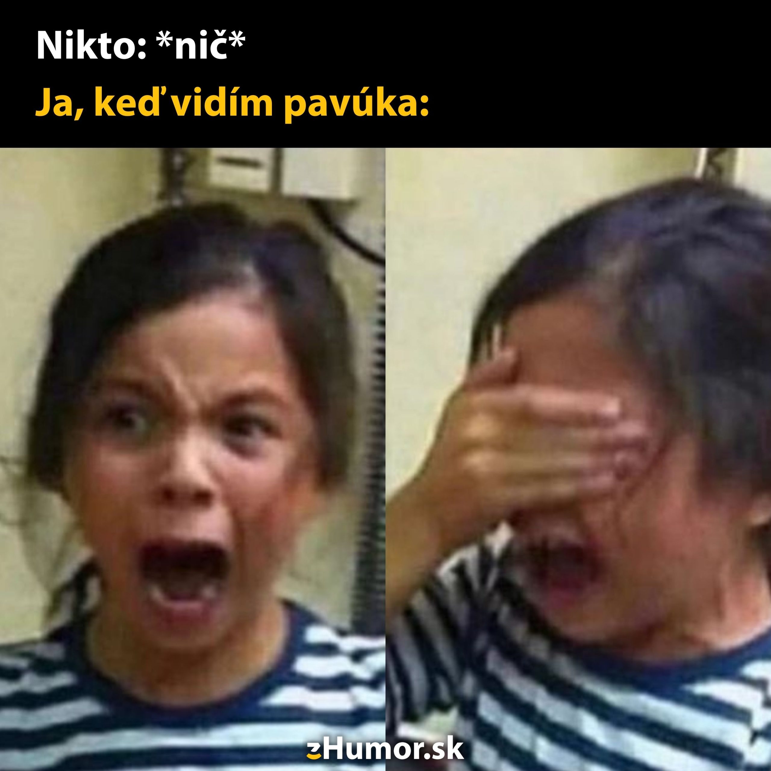 Dvojitá reakcia dieťaťa na pavúka - od prekvapenia po zakrytie očí rukou.