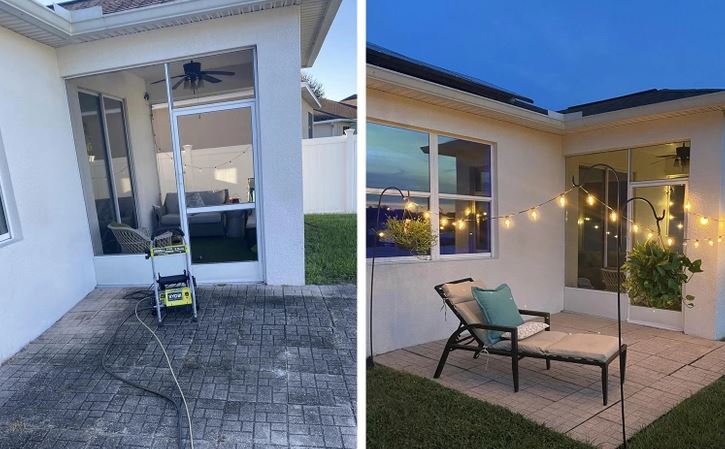 Pred a po: Premena verandy na útulný relaxačný priestor s osvetlením a pohodlným nábytkom.