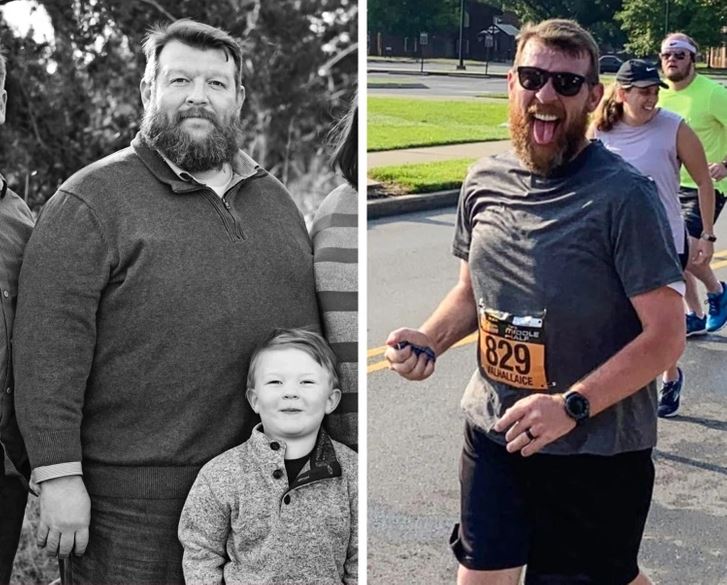 Fotografia veľkej premeny: muž pred a po úspešnej zmene životného štýlu, výrazne schudnutý beží na pretekoch.