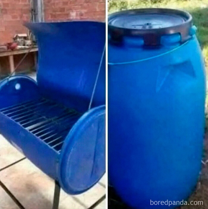 Modrá plastová nádoba premenená na gril na dvore vedľa nepoužitého suda. Kreatívne riešenie recyklácie.