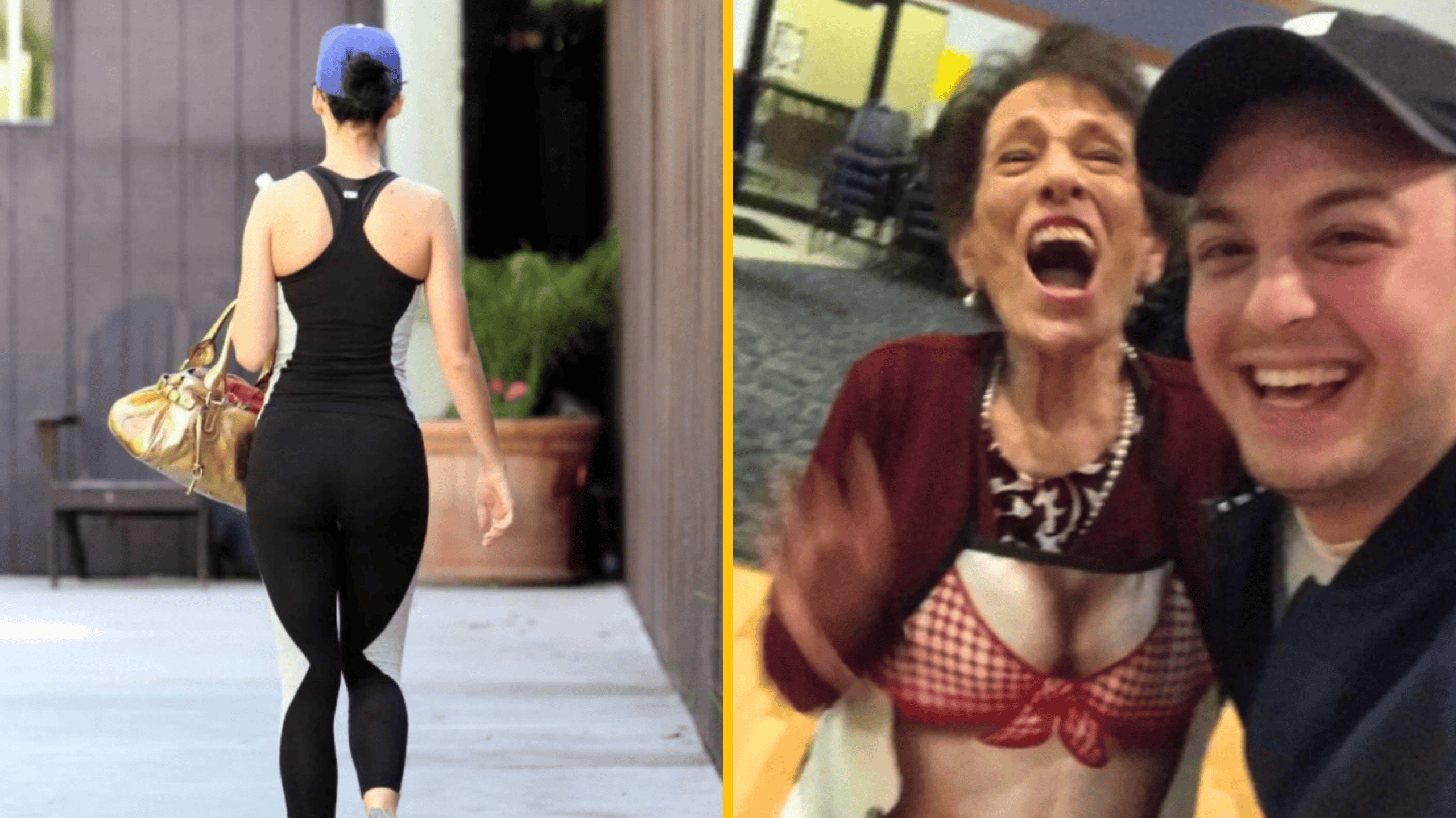 Loďka v telocvičnom oblečení kráča mestom; žena a muž sa smejú na selfie v interiéri.