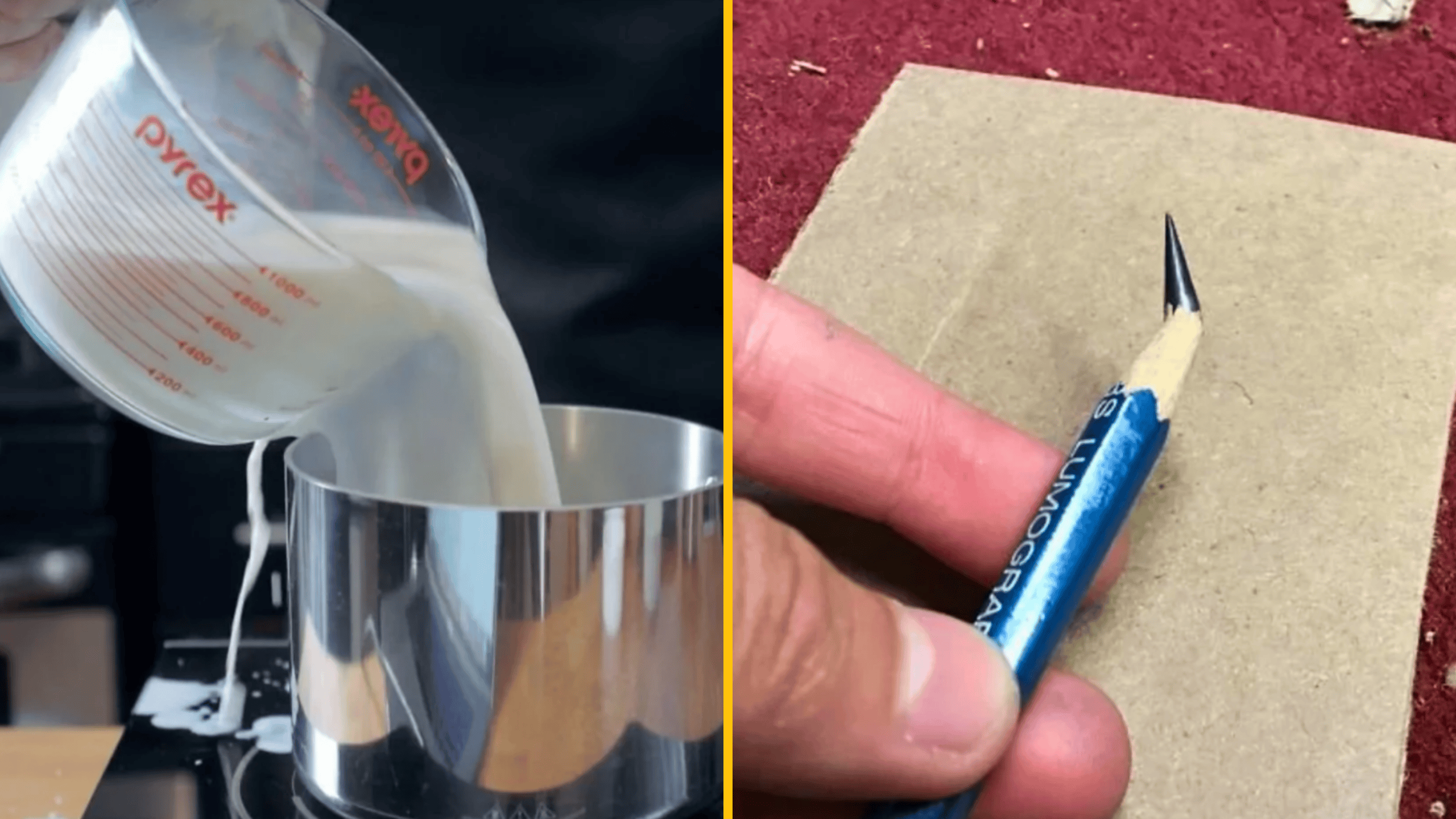 Nalievanie mlieka do hrnca; ostrá modrá ceruzka na kartóne.