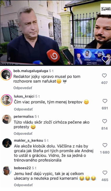 Novinár pred kamerou s viacerými mikrofónmi. Instagramové komentáre o rozhovore a komentovanie situácie.
