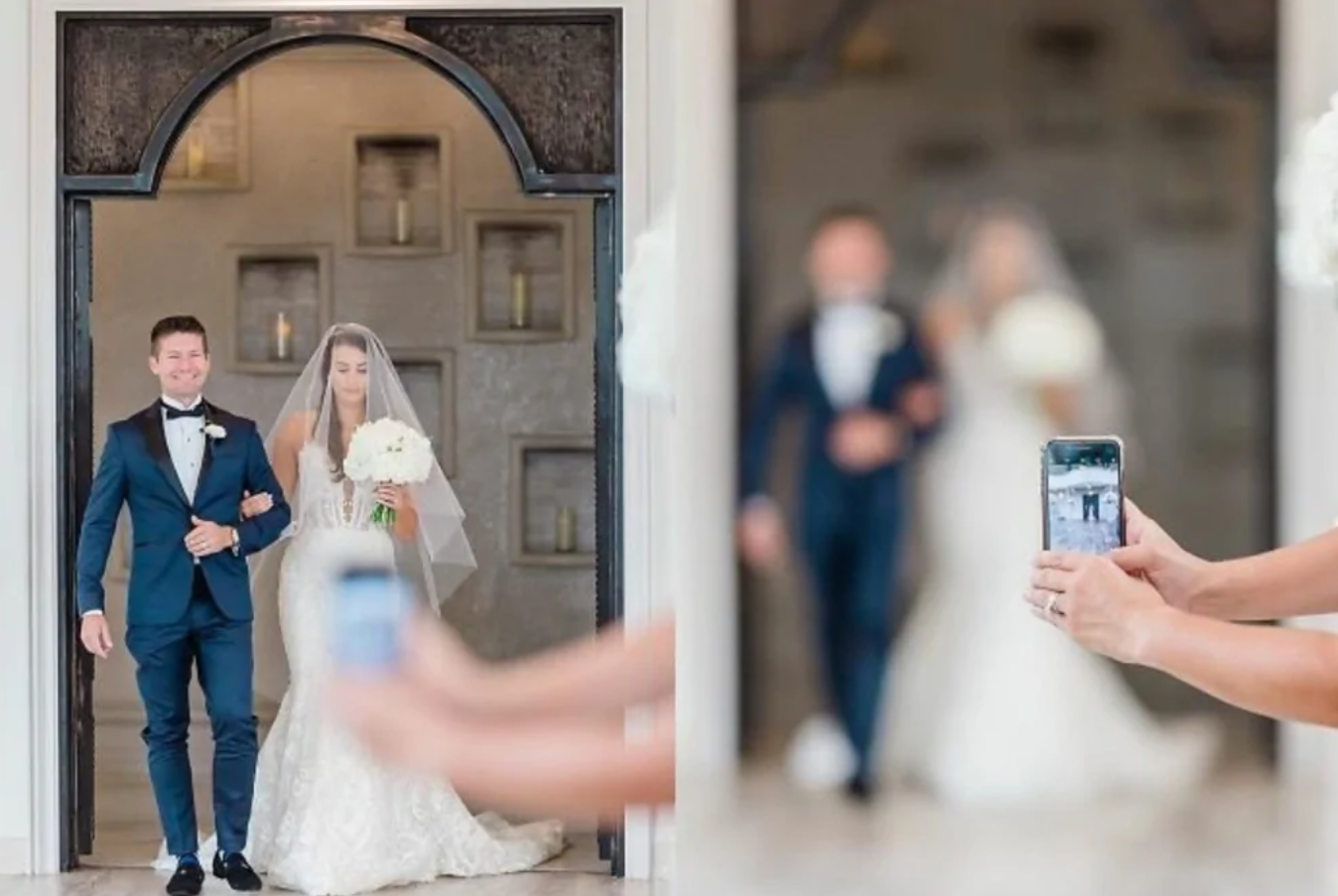 Nevesta s kyticou a ženích v obleku kráčajú k oltáru, fotení zo smartfónu.