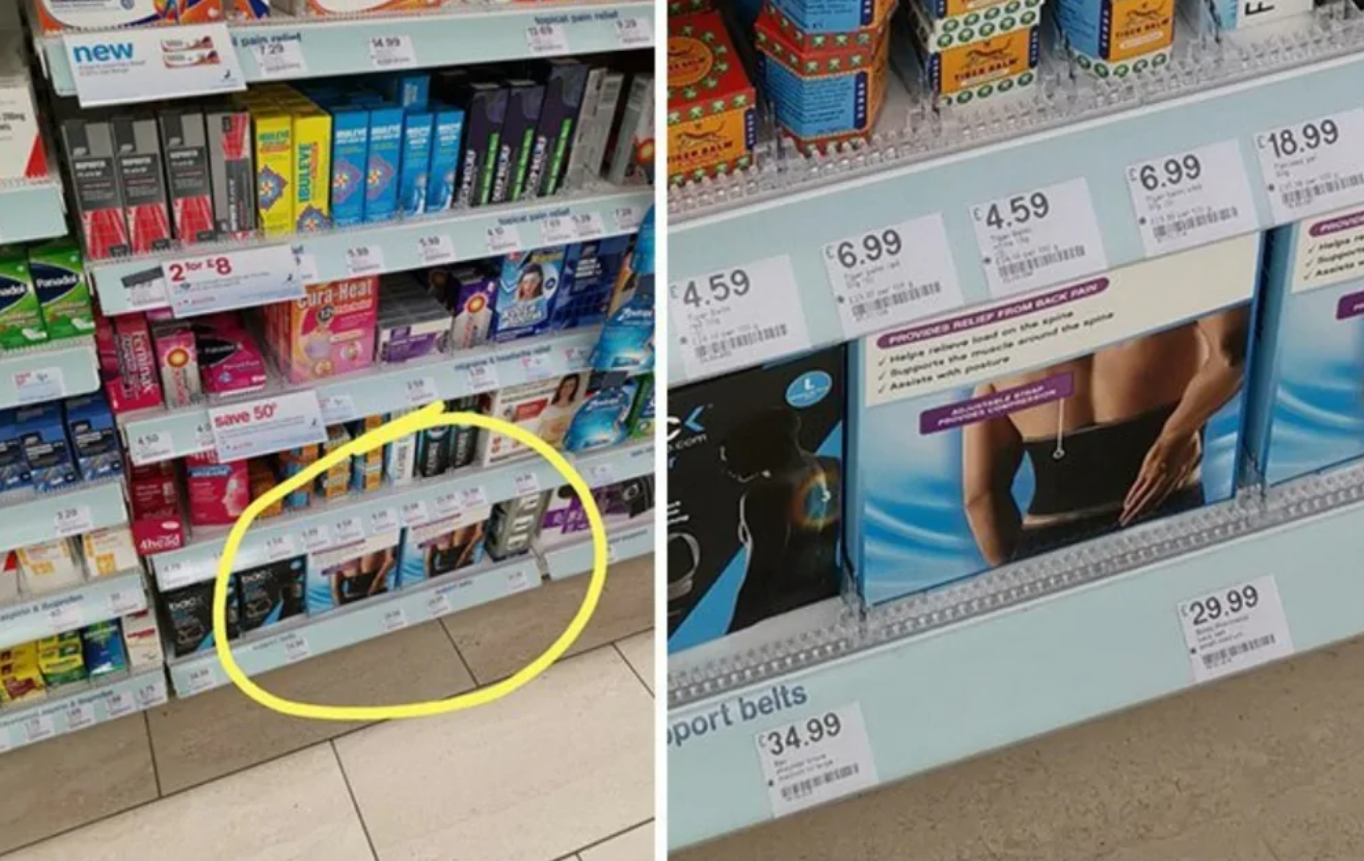 Lekáreň: polička s liekmi a zdravotníckymi pomôckami s cenovými štítkami a zľavami pre úľavu od bolesti chrbta.