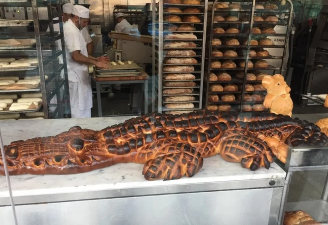 Chlebový krokodíl na výstave v pekárni, pozadí pekári pripravujúci pečivo, police plné čerstvého chleba.