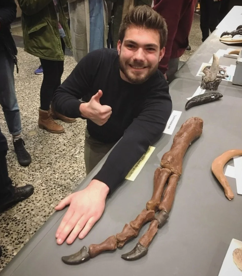 Muž porovnávajúci svoju ruku s fosíliou veľkého zvieraťa na výstave, s úsmevom a gestom palcom hore.