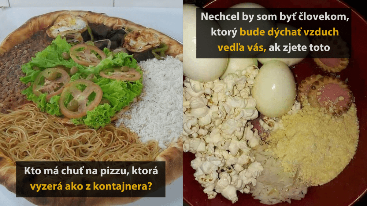 Jedlo na pizze s cestovinami, šalátom a fazuľou vedľa taniera s vajíčkami, popcornom a sušienkami.