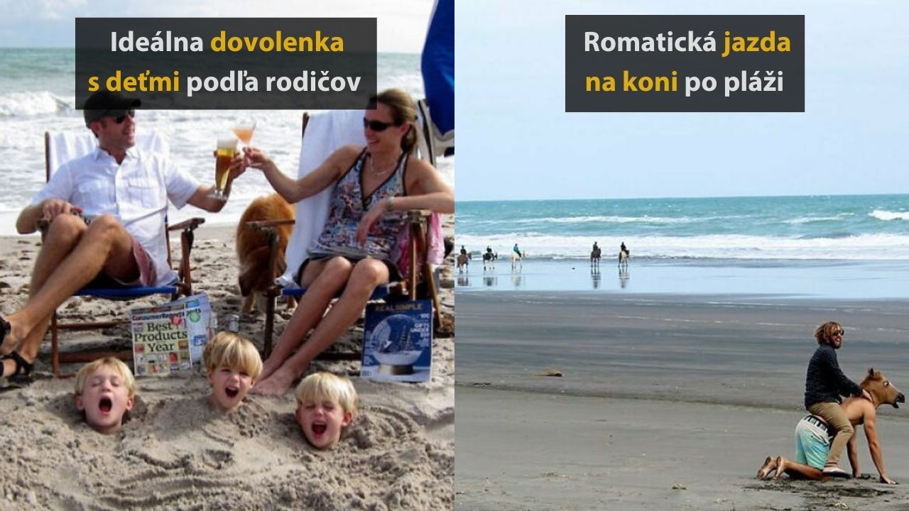 Rodičia relaxujú na pláži s deťmi zakopanými v piesku; jazdec na koni pri mori v pozadí.