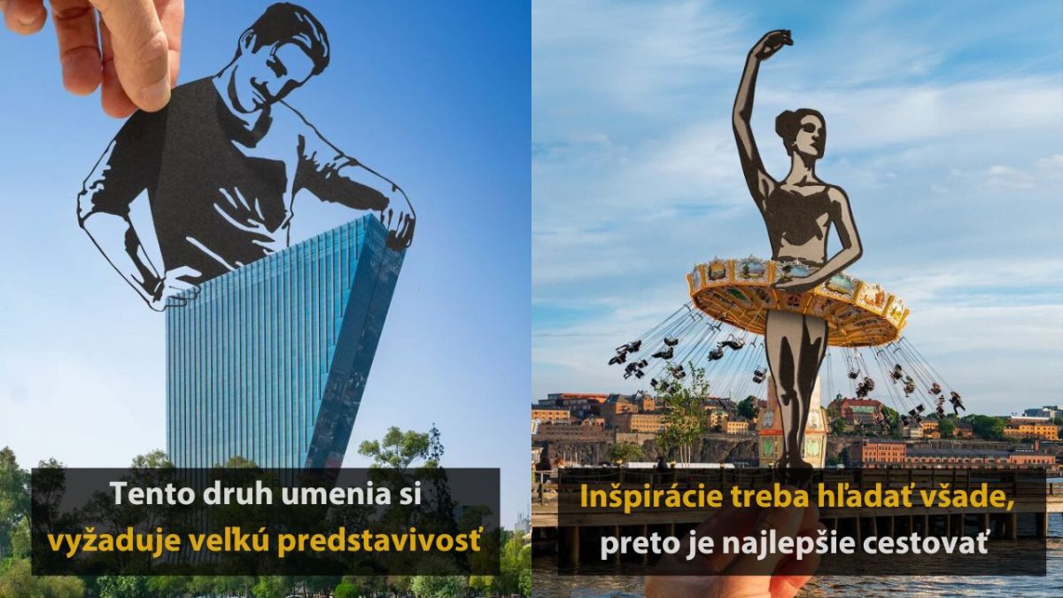 Papierové postavy v reálnej krajine: muž na stavbe, baletka na kolotoči. Kreatívna kombinácia umenia a reality.