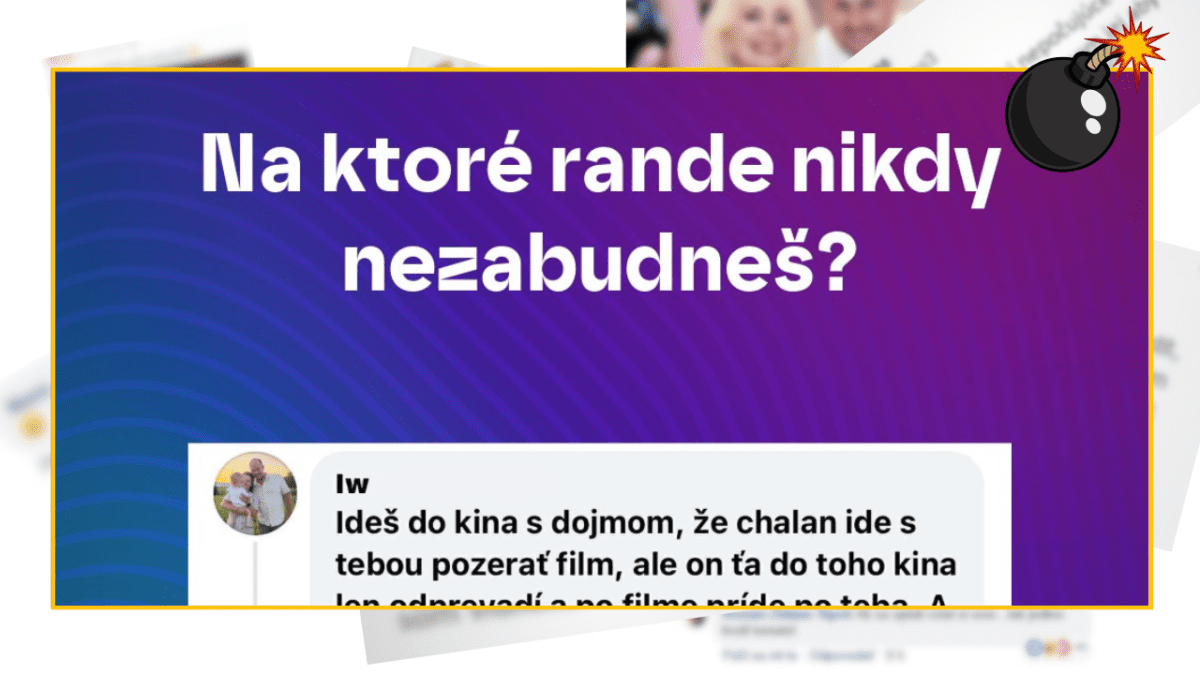 Otázka: Na ktoré rande nikdy nezabudneš? Farebné pozadie s textom; vtipná poznámka o rande v kine.